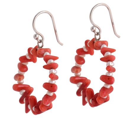 Affinity Gems Red Bamboo & Cultured Pearl Earrings, Sterling