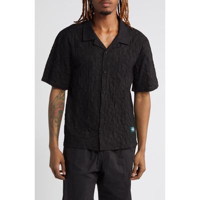 Afield Out Textured Floral Short Sleeve Cotton Button-Up Shirt in Black 