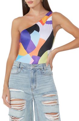 AFRM Aeryn One Shoulder Bodysuit in Purple Abstract Color Block