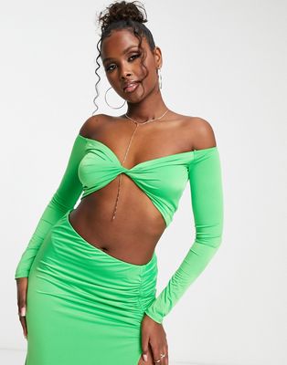 AFRM Ally slinky twist front long sleeve top in green - part of a set