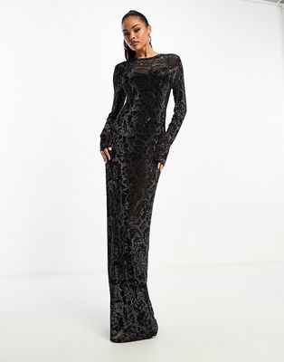 AFRM benito maxi dress in black mesh with rose rhinestone embellishment and removable bodysuit