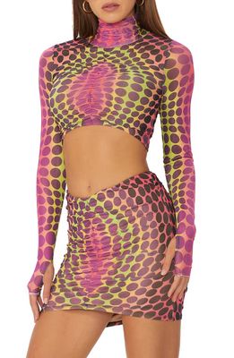 AFRM Dionne Dot Print Turtleneck Mesh Crop Top in Placement Neon Dot