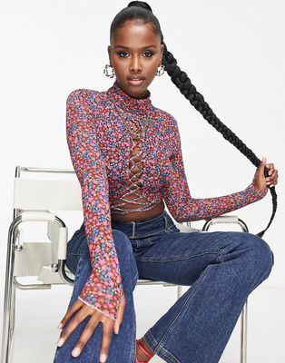 AFRM front lace up turtleneck in ditsy floral print-Multi