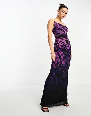 AFRM gillian maxi dress in purple mesh with butterfly ombre print