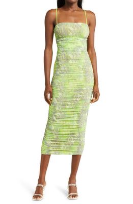 AFRM Hazel Snake Print Ruched Dress in Lime Abstract Snake