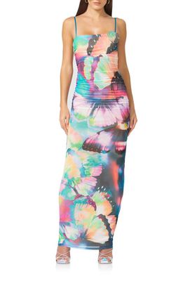 AFRM Jennan Floral Rhinestone Rosette Mesh Dress in Abstract Butterfly