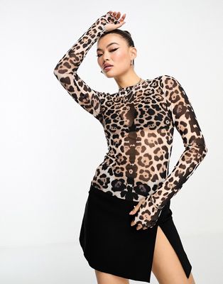 AFRM kaylee long sleeve mesh top with leopard print-Brown