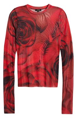 AFRM Kaylee Print Long Sleeve Mesh Top in Placed Large Rose
