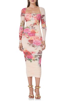 AFRM Maggie Ruched Long Sleeve Body-Con Midi Dress in Beige Rose Swirl