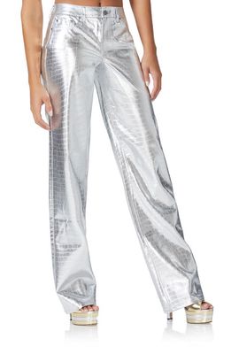 AFRM Marshall Croc Embossed Metallic Faux Leather Pants in Metallic Silver