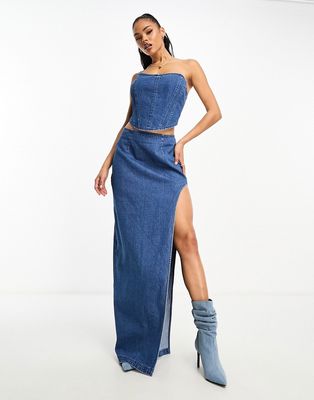 AFRM nadia denim maxi skirt in midwash blue with high rise slit - part of a set