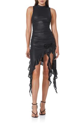 AFRM Raff Metallic Foil Ruched Asymmetric Sleeveless Dress in Metallic Noir