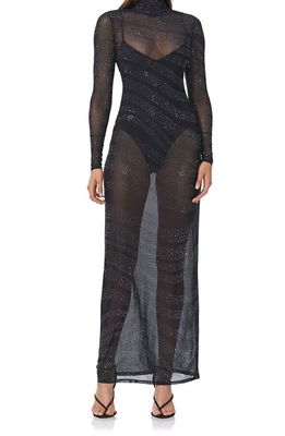 AFRM Rowan Sequin Stripe Long Sleeve Mesh Maxi Dress in Hematite Noir