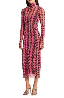 AFRM Shailene Turtleneck Long Sleeve Mesh Dress in Pink Herringbone