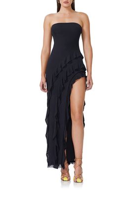AFRM Siobhan Strapless Asymmetric Ruffle Dress in Noir