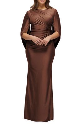 After Six Cape Sleeve Satin Gown in Cognac 