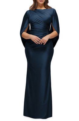 After Six Cape Sleeve Satin Gown in Midnight 