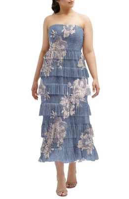 After Six Floral Print Ruffle Strapless Dress in French Blue