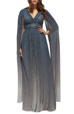 After Six Metallic Cape Sleeve Gown in Cosmic Blue 