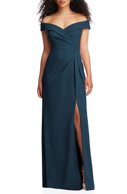 After Six Off the Shoulder Crepe Gown in Atlantic Blue