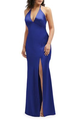 After Six Plunge Neck Charmeuse Halter Gown in Cobalt Blue