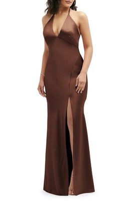 After Six Plunge Neck Charmeuse Halter Gown in Cognac 