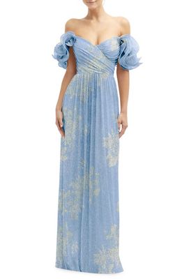 After Six Ruffle Off the Shoulder Metallic Column Gown in Larkspur