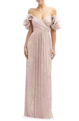 After Six Ruffle Off the Shoulder Metallic Column Gown in Pink Gold 