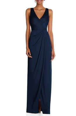 After Six Sleeveless Satin Faux Wrap Gown in Midnight Navy