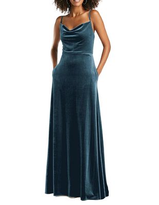 After Six Women's Cowl-Neck Velvet Maxi Dress with Pockets in Dutch Blue