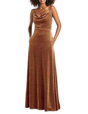 After Six Women's Cowl-Neck Velvet Maxi Dress with Pockets in Golden Almond