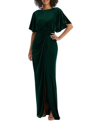 After Six Women's Flutter Sleeve Open-Back Velvet Maxi Dress in Evergreen