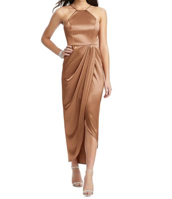 After Six Women's Halter Midi Dress with Draped Tulip Skirt in Toffee