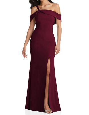 After Six Women's Off-the-Shoulder Draped Cuff Maxi Dress with Front Slit in Cabernet