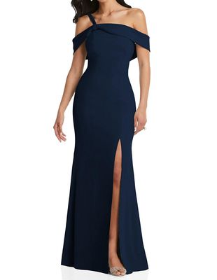 After Six Women's Off-the-Shoulder Draped Cuff Maxi Dress with Front Slit in Midnight