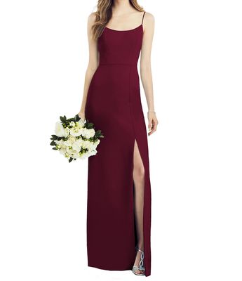 After Six Women's Spaghetti Strap V-Back Crepe Gown with Front Slit in Cabernet