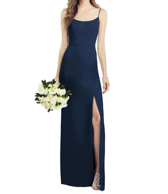 After Six Women's Spaghetti Strap V-Back Crepe Gown with Front Slit in Midnight