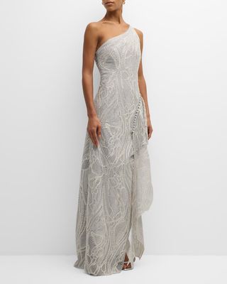 Agatha Draped One-Shoulder Corded Lace Gown