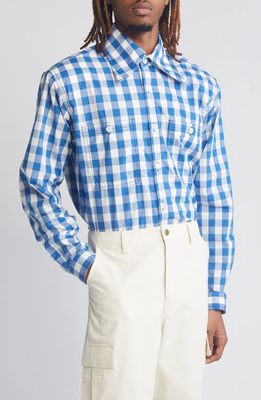 AGBOBLY Gingham Cotton Button-Up Shirt in Navy Uniform Check