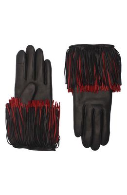 Agnelle Fringe Lambskin Leather Gloves in Black/Cardinal
