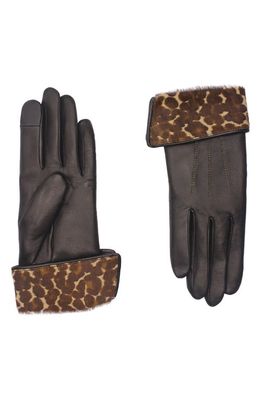 Agnelle Leopard Print Genuine Calf Hair Cuff Leather Gloves in Black Tactile/Panther