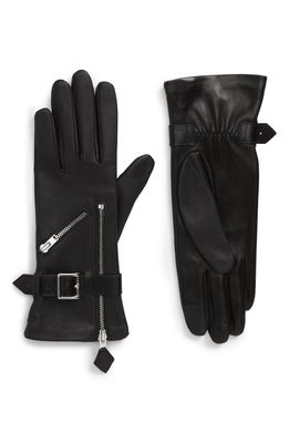 Agnelle Moto Zip Lambskin Leather Gloves in Black/Silver