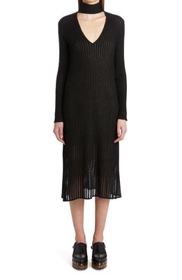 Agnona Long Sleeve Metallic Rib Cashmere Blend Midi Dress in Black