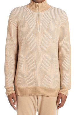 Agnona Ribbed Cable Knit Cashmere Sweater in Camel/Ice