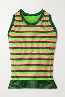 AGR - Striped Ribbed-knit And Crochet Tank - Green