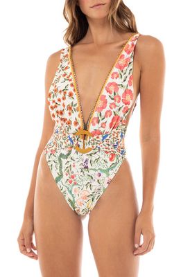 Agua Bendita Ina Seed Belted One-Piece Swimsuit in White/Multicolor
