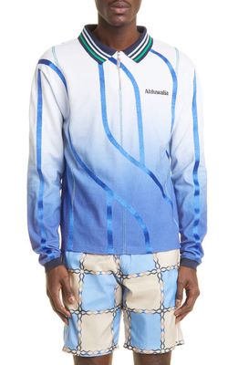 Ahluwalia Expression Long Sleeve Half Zip Polo in Blue/White