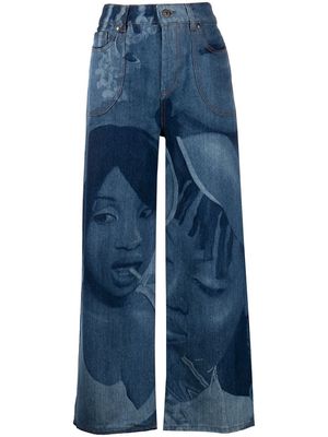 Ahluwalia graphic-print wide leg jeans - Blue