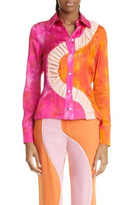 Ahluwalia Kati Watercolor Print Ruched Shirt in Pink/Orange