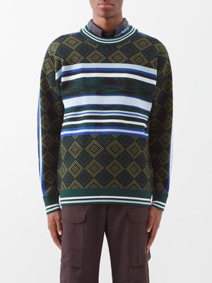 Ahluwalia - Lola Diamond And Stripe-jacquard Merino Sweater - Mens - Green Multi